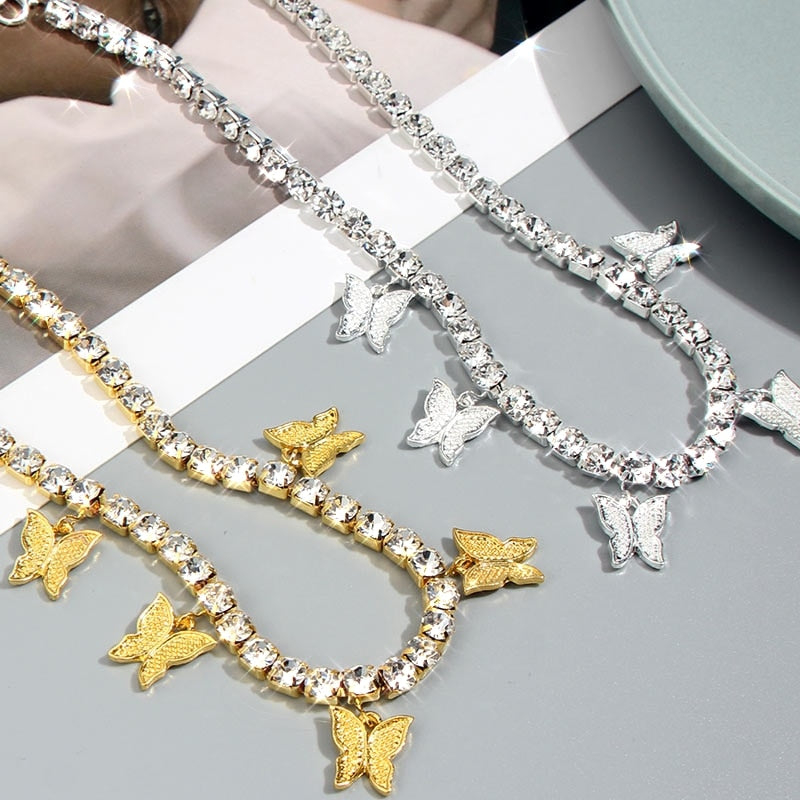 Trendy Cute Iced Out Butterfly Choker Necklaces